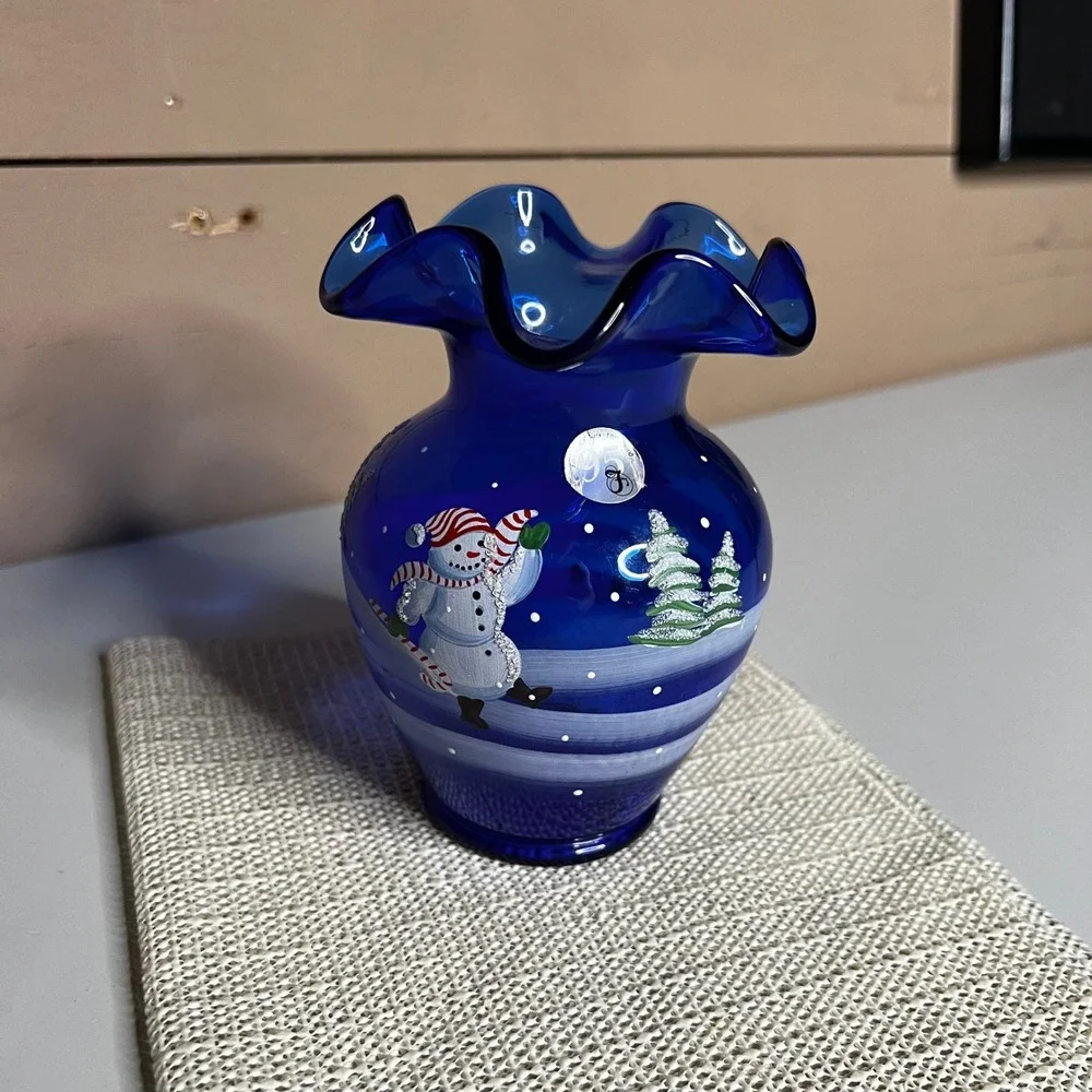 Fenton Cobalt Blue Glass Ruffled Vase Hand Painted Artist Signed C‎ A Hall